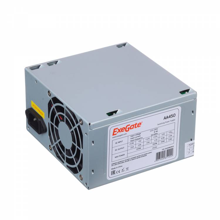 Блок питания 450W Exegate AA450, ATX, SC, 8cm fan, 24p+4p, 2*SATA, 1*IDE + кабель 220V с защитой от выдергивания <EX253683RUS-S>