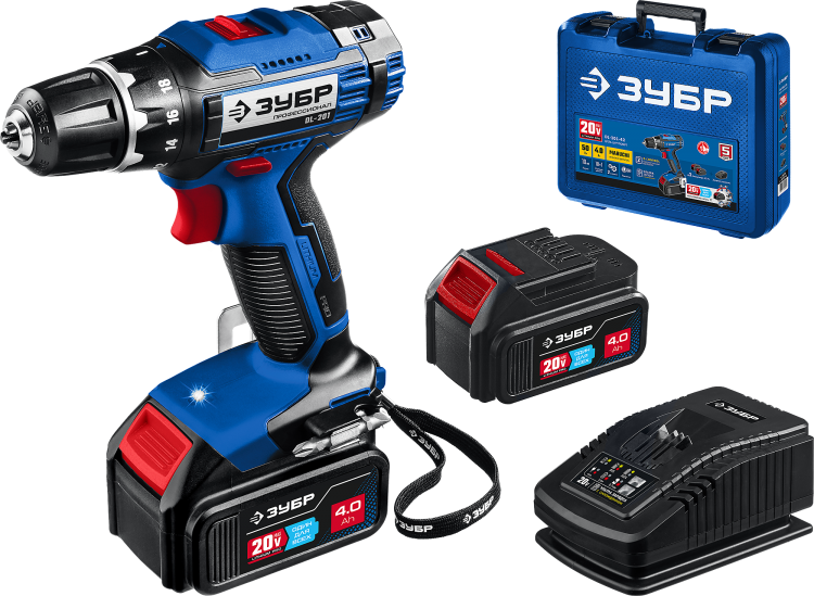 Дрель-шуруповерт Зубр DL-201-42 20В, 2 АКБ (4Ач), в кейсе, Профессионал