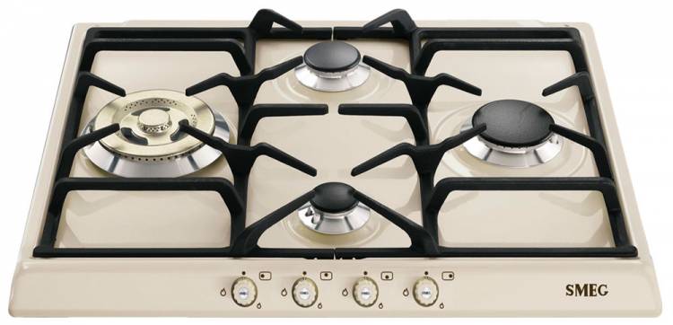 Встраиваемая газовая варочная панель Smeg SR 764 PO / конфорок - 4 шт, решетки - чугун, панель - эмалированная сталь, электроподжиг, газ-контроль, бежевый цвет