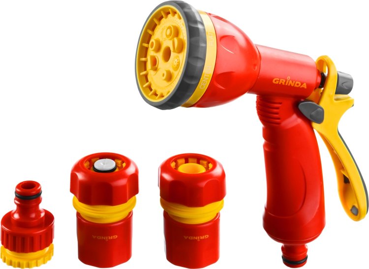 Grinda 8-427384_z02 Набор поливочный: Распылитель пистолетный 8 позиционный, соединитель 3/4", соединитель 3/4" с автостопом, адаптер внешний 1/2"-3/4" zb