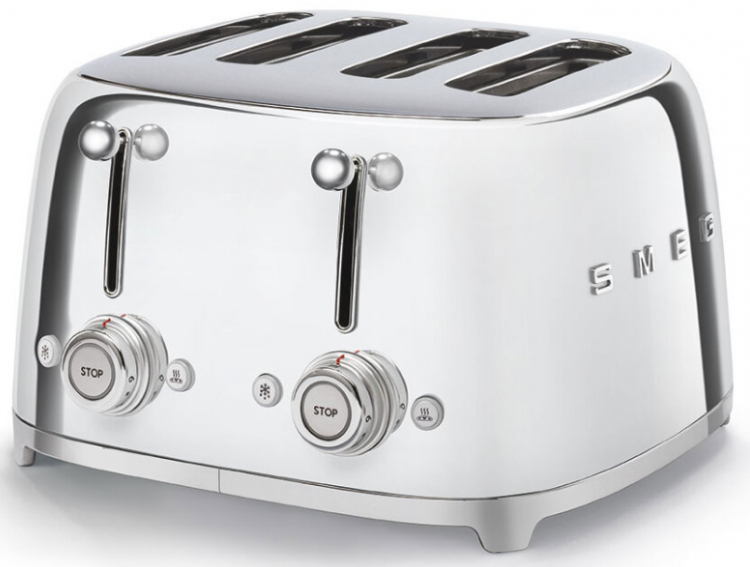 Smeg Тостер на 4 ломтика TSF03SSEU | Цвет: хром, Функции: подогрев, размораживание, багель; 6 уровней поджаривания; Съемный поддон для крошек.