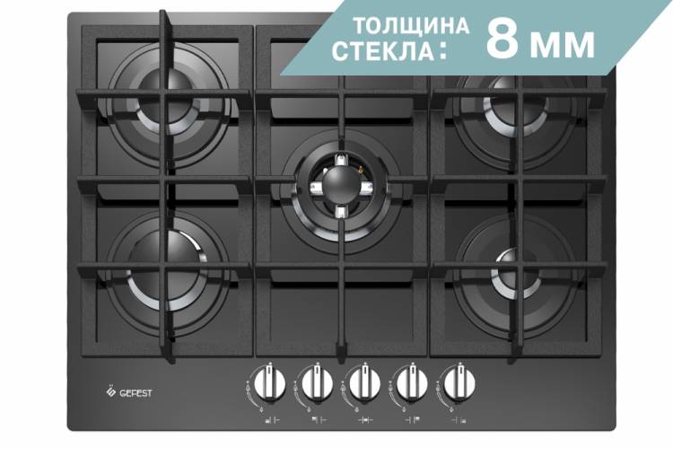 Газовая варочная поверхность Gefest ПВГ 2342 / конфорок - 5 шт, решетки - чугун, панель - закаленное стекло, электроподжиг, газ-контроль, черный Global