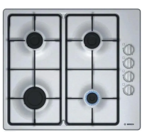 Газовая варочная панель Bosch PBP6C5B62Q / Размер ШхГ: 58х51 см, серебристый, конфорок - 4 шт, решетки - чугун, панель - нержавеющая сталь, электроподжиг, газ-контроль / Global