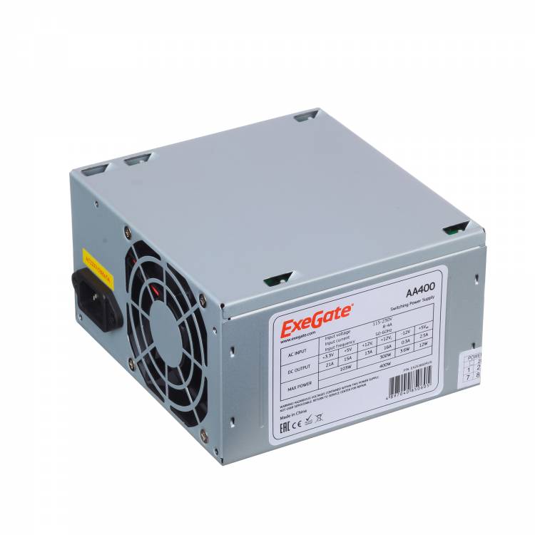 Блок питания 400W Exegate AA400, ATX, SC, 8cm fan, 24p+4p, 2*SATA, 1*IDE + кабель 220V с защитой от выдергивания <EX253682RUS-S>