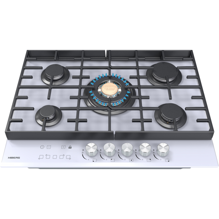 Варочная поверхность HIBERG VM 7155 W / конфорок - 5 шт, решетки - чугун, панель - закаленное стекло, электроподжиг, газ-контроль, белый