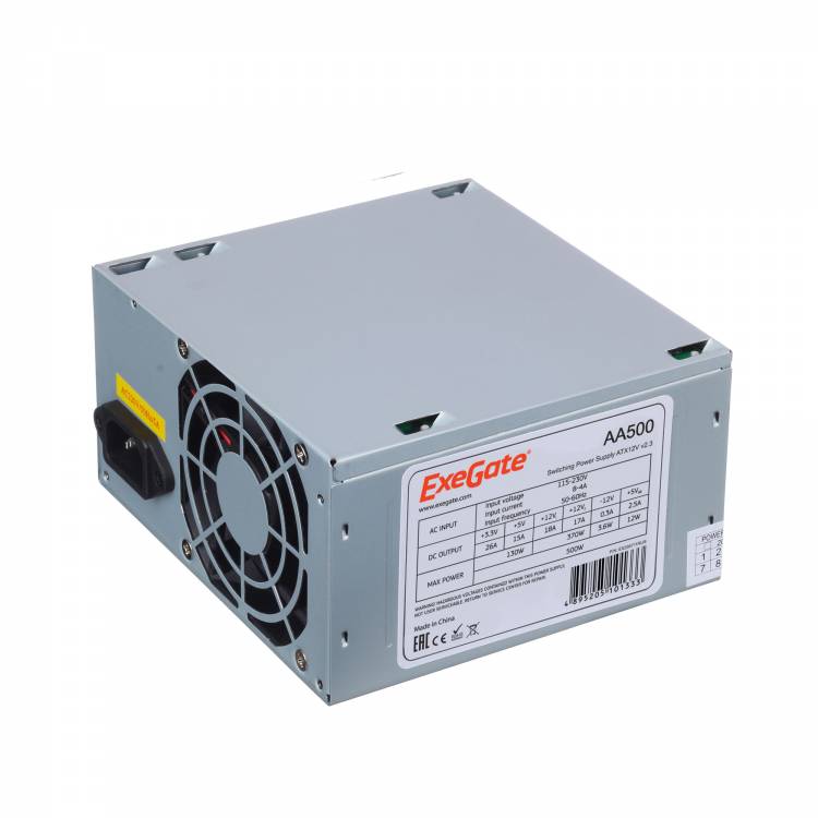 Блок питания 500W Exegate AA500, ATX, SC, 8cm fan, 24p+4p, 2*SATA, 1*IDE + кабель 220V с защитой от выдергивания <EX256711RUS-S>