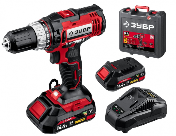 Зубр Аккумуляторная дрель-шуруповерт ДШЛ-145-22 | Серия-МАСТЕР | Количество аккумуляторов в комплекте-2 (2Ач) | Крутящий момент-35 Нм | Напряжение аккумулятора-14.4 В | Количество скоростей-2 | Время заряда-1 ч