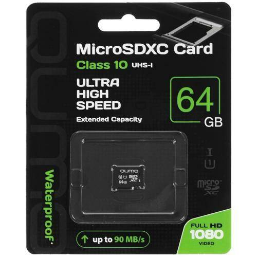 Карта памяти QUMO MicroSDXC 64GB 90/45 МБ/с UHS-I U3,  3.0 без адаптера SD, красная картонная упаковка (QM64GMICSDXC10U3NA)