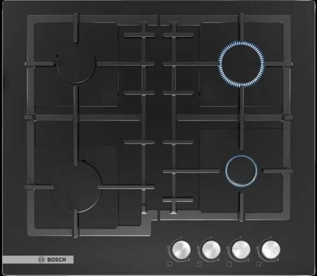 Газовая варочная панель Bosch PNP6B6O92R / Размер ШхГ: 59х52 см, конфорок - 4 шт, решетки - чугун, панель - закаленное стекло, электроподжиг, газ-контроль, черный / Global