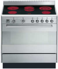 Smeg варочный центр SUK91CMX9 |Тип варочной панели: Стеклокерамическая варочная панель | Тип основной духовки: Термовентилируемый | Объем духовки 115 л | Высота  94.1; Ширина 90; Глубина 65.1 см | страна производства  - Италия