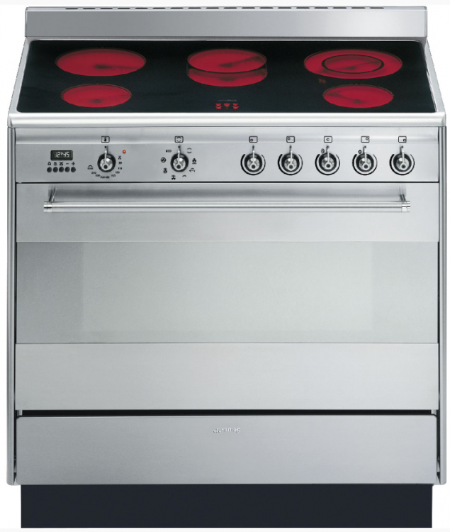 Smeg варочный центр SUK91CMX9 |Тип варочной панели: Стеклокерамическая варочная панель | Тип основной духовки: Термовентилируемый | Объем духовки 115 л | Высота  94.1; Ширина 90; Глубина 65.1 см | страна производства  - Италия