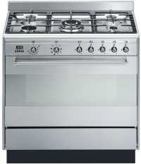 Smeg варочный центр SUK91MFX9 | Тип варочной панели: Газ | Тип основной духовки: Термовентилируемый | Объем духовки 115 л | Высота 94.1; Ширина 90;  Глубина 65.1 см | Страна  Италия