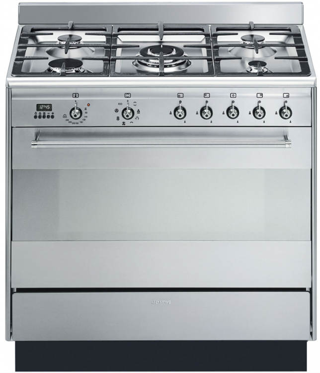 Smeg варочный центр SUK91MFX9 | Тип варочной панели: Газ | Тип основной духовки: Термовентилируемый | Объем духовки 115 л | Высота 94.1; Ширина 90;  Глубина 65.1 см | Страна  Италия