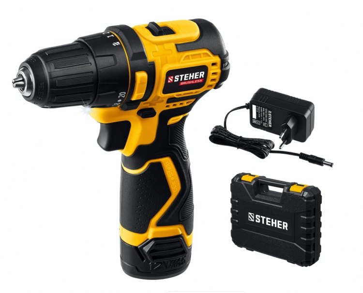 Steher Бесщеточная дрель-шуруповерт | Количество аккумуляторов в комплекте-1 (2 Ач) | Крутящий момент-35 Нм | Напряжение аккумулятора-12 В | Количество скоростей-2 | Время заряда-1 ч