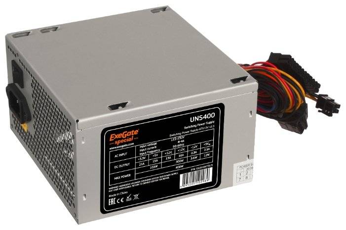 Блок питания 400W Exegate Special UNS400, ATX, SC, 12cm fan, 24p+4p, 3*SATA, 2*IDE, FDD + кабель 220V с защитой от выдергивания <ES261567RUS-S>