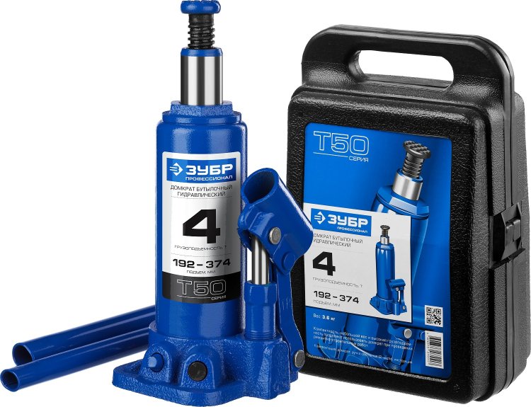 Зубр Проф 43060-4-K Домкрат гидравлический бутылочный T50, 4т, 192-374мм, в кейсе