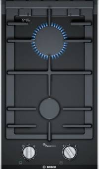 Газовая варочная панель Bosch PRB3A6B70 / Размер ШхГ: 30.6х52.7 см,  2 конфорки, решетки - чугун, панель - стеклокерамика, электроподжиг, газ-контроль, черный / Global