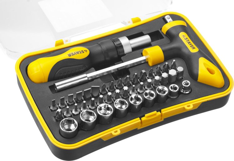 Stayer "MASTER" "HERCULES" 43 предм 25084-H43 Набор : Отвертка реверсивная, Т-образная отвертка-битодержатель, адаптер для торц голов