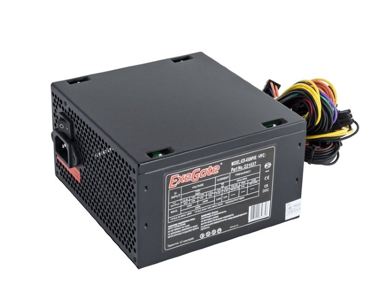 Блок питания 450W Exegate 450NPXE(+PFC), ATX, black, 12cm fan, 24p+4pi, 6/8p PCI-E, 3*SATA,2*IDE,FDD 221637