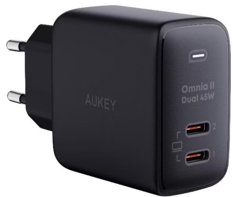 Aukey Сетевое зарядное устройство Omnia2 | Поддержка сверхбыстрой зарядки PD | 45W | 2 порта USB-C | Black			