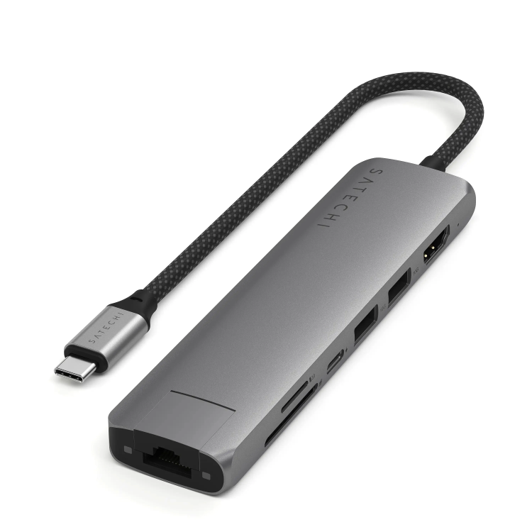 Satechi USB-C Хаб 7-в-1 Slim Multiport с Ethernet, HDMI 4K, USB 3.2, SD-кардридером и зарядкой 100W — для MacBook, iPad, ноутбуков (спейс грей))