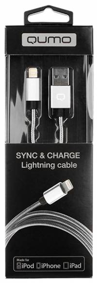 Кабель Qumo MFI, Type-С -  Apple 8 pin, 1м, Type-C, 5В, 2,4А, 12W, нейлоновая оплетка, металлический коннектор, серебро