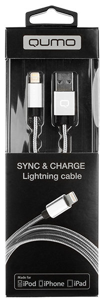 Кабель Qumo MFI, Type-С -  Apple 8 pin, 1м, Type-C, 5В, 2,4А, 12W, нейлоновая оплетка, металлический коннектор, серебро