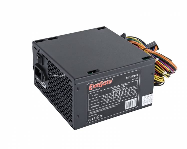 Блок питания 450W Exegate 450PPX RTL, ATX, black, APFC, 14cm, 24p+(4+4)p, PCI-E, 4*IDE, 5*SATA, FDD