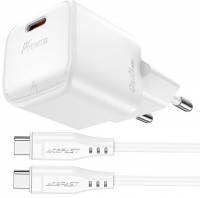  Acefast адаптер сетевой + кабель A77 mini, PD30W GaN USB, цвет: белый