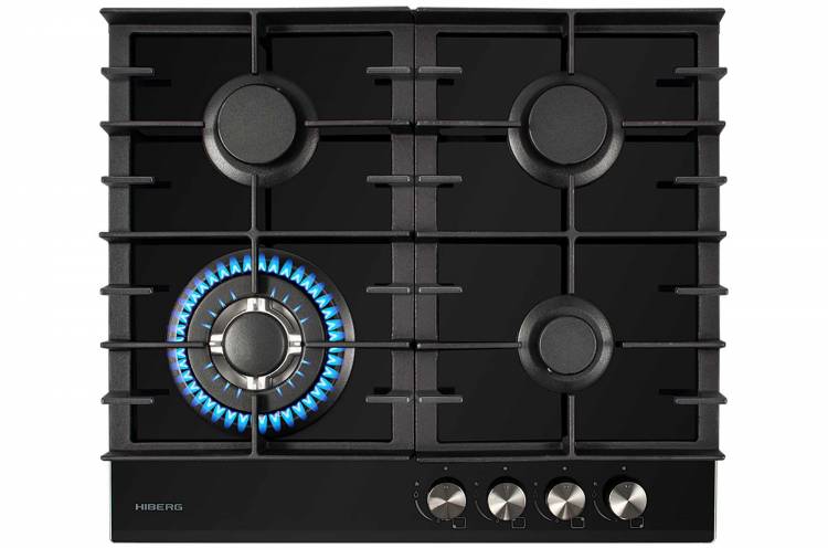 Варочная поверхность HIBERG VM 6021 B / конфорок - 4 шт, решетки - чугун, панель - закаленное стекло, электроподжиг, газ-контроль.