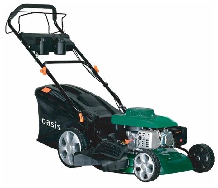  Oasis бензиновая газонокосилка GB-32 (H) , мощность двигателя - 4410 / 6 Вт/л.с., обороты холостого хода - 2800 об/мин , объём травосборника - 65 л.,  160см*57см*105см.
