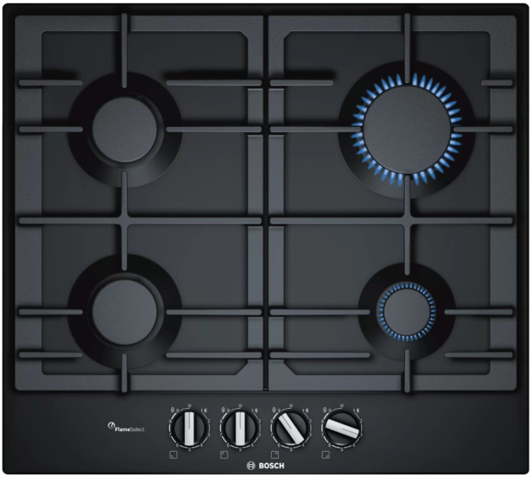 Bosch Газовая варочная панель PCP6A6B90R | Размеры: ширина 60 см | Регулировка пламени: FlameSelect (девять уровней мощности) | Выполнена из металла с эмалированным покрытием | Global
