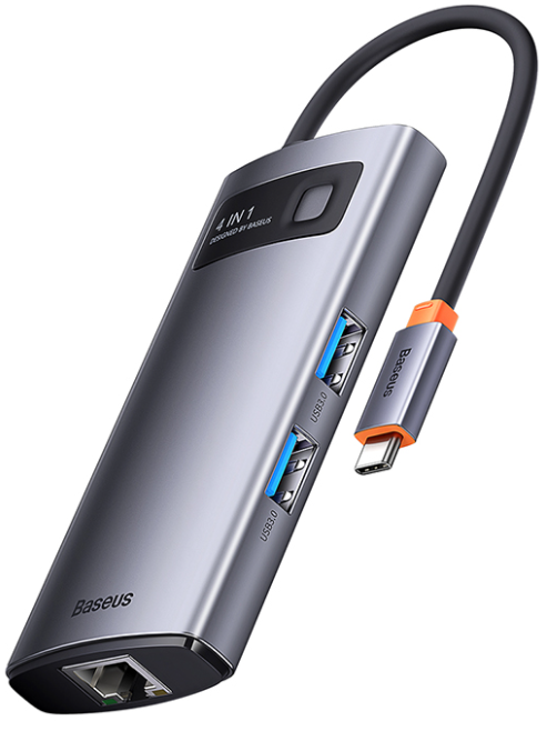 Хаб/ Переходник/Адаптер BASEUS Metal Gleam Series 4-in-1, Разветвитель, Type-C - 3xUSB3.0 + RJ45, серый WKWG070113