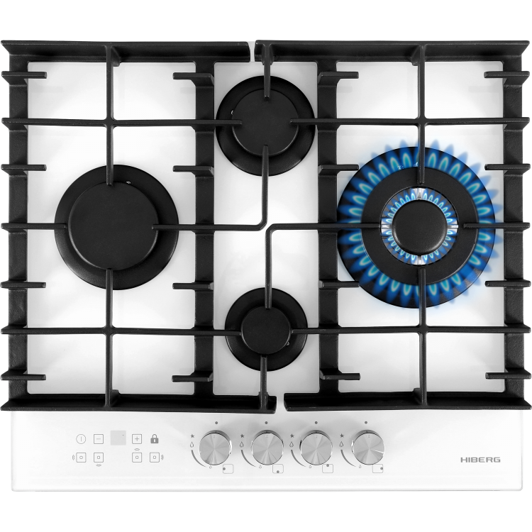 Варочная поверхность HIBERG VM 6145 W / конфорок - 4, решетки - чугун, панель - закаленное стекло, электроподжиг, газ-контроль, белый