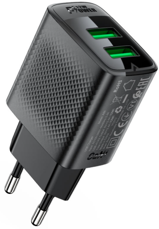 Acefast Сетевое зарядное устройство A86 12W USB-A+USB-A dual port charger (EU). Цвет: черный																			
