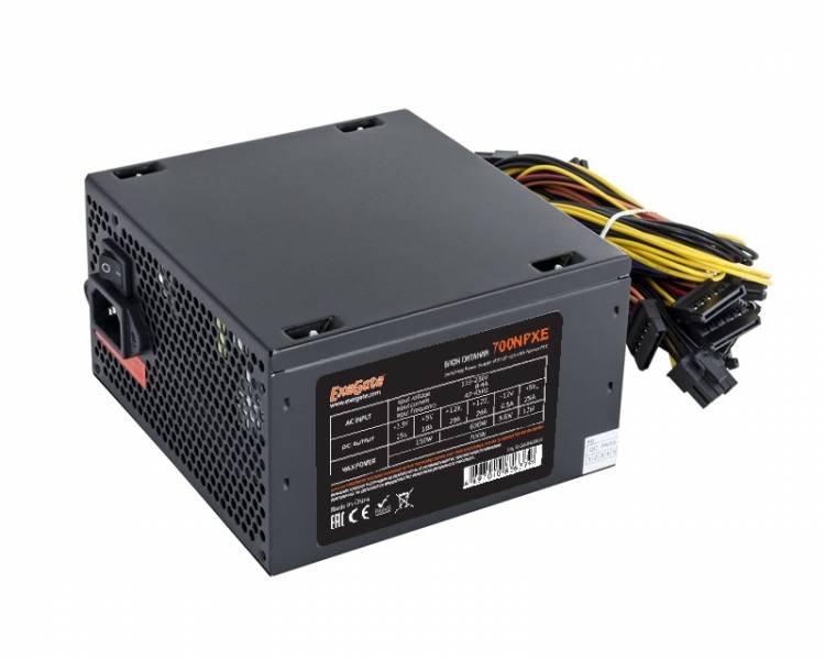 Блок питания 700W Exegate 700NPXE(+PFC), ATX, SC, black, 12cm, 24p+(4+4)p, 6/8p PCI-E, 4*SATA, 3*IDE, FDD + кабель 220V с защитой от выдергивания <EX220360RUS-S>