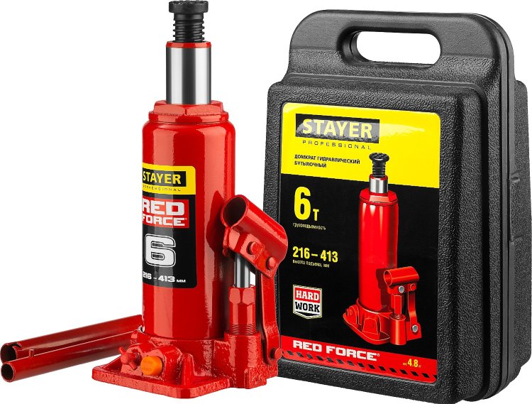 Stayer 43160-6-K Домкрат гидравлический бутылочный "RED FORCE", 6т, 216-413 мм, в кейсе