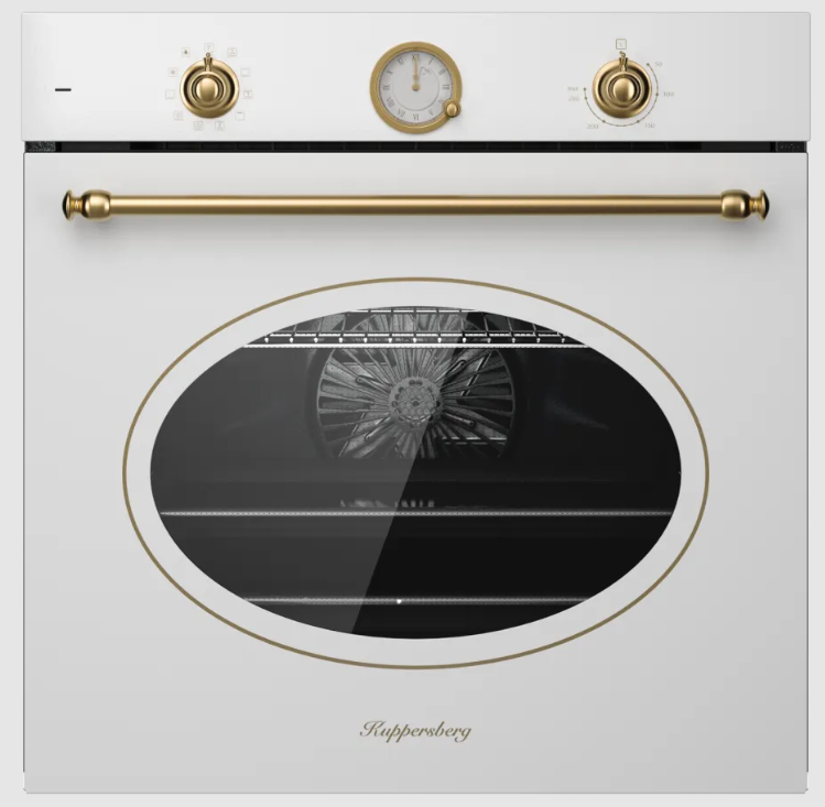 Kuppersberg SR 610 W Bronze Встраиваемый электрический духовой шкаф 60 см, 80 л, 10 режимов, 6 автопрограмм, цвет белый, бронзовая фурнитура 
