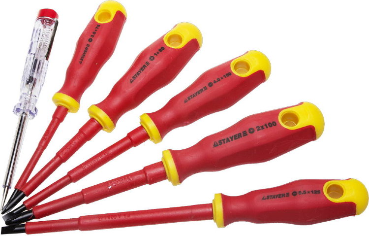 Stayer "PROFI" "ELECTRO" Cr-V, 6шт 25145-H6_z01 Набор : Отвертки диэлектрические, тестер, 100-250В