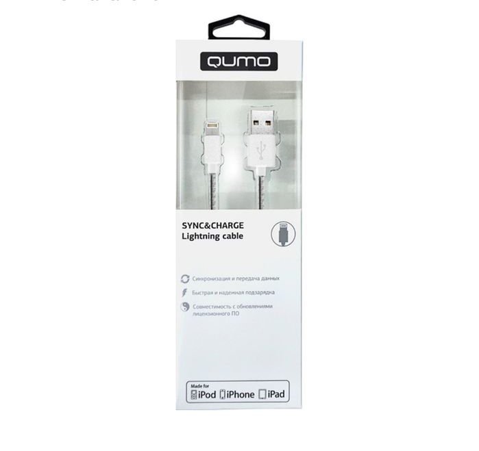 Кабель Qumo MFI, Type-С -  Apple 8 pin, 1м, Type-C, 5В, 2,4А, 12W, нейлоновая оплетка, металлический коннектор, золото