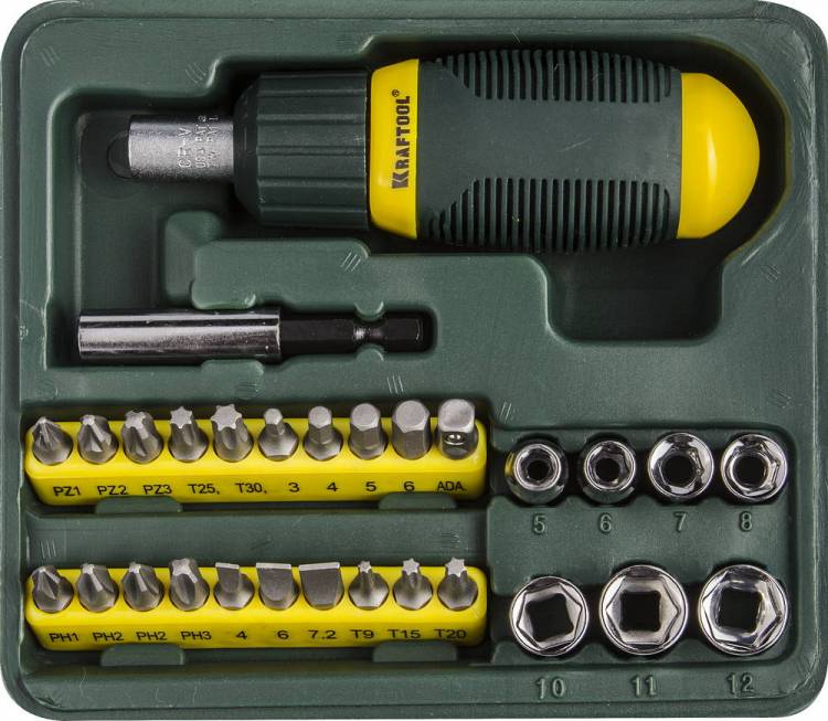 Набор Kraftool 25556-H29 Отвертка реверсивная с битами и торцовыми головками, 29 предметов