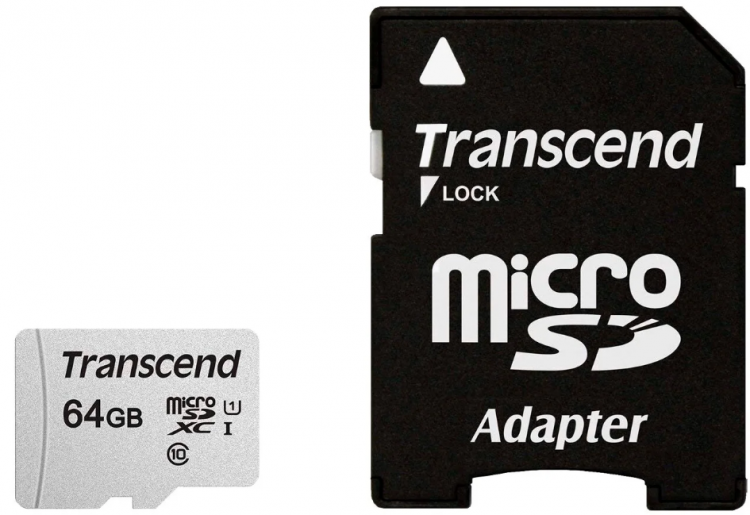 Карта памяти Transcend 300S microSDXC 64 ГБ / Class 10, UHS Class 1, запись - 40 Мбайт/сек, чтение - 95 Мбайт/сек / Global