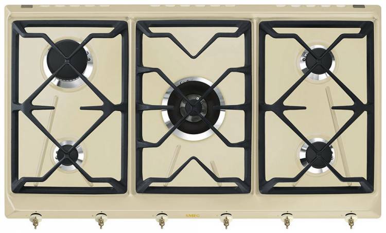 SMEG газовая варочная панель, 90 см, цвет Кремовый, SRV896POGH, коллекция Coloniale / конфорок - 5 шт, решетки - чугун, панель - эмалированная сталь, электроподжиг, газ-контроль,