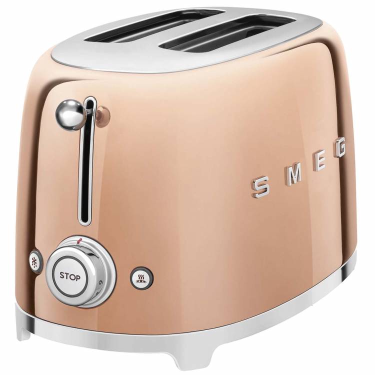 Smeg TSF01RGEU | Тостер | Розовое золото | Количество тостов: 2 | Мощность: 950 Вт | 6 уровней поджаривания | Функции: размораживание, подогрев, багель | Съемный поддон для крошек