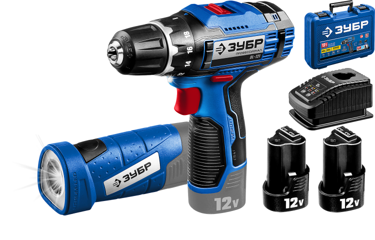 Дрель-шуруповерт Зубр DL-121-22F 12В + LED фонарь, 2 АКБ (2Ач), в кейсе, Профессионал
